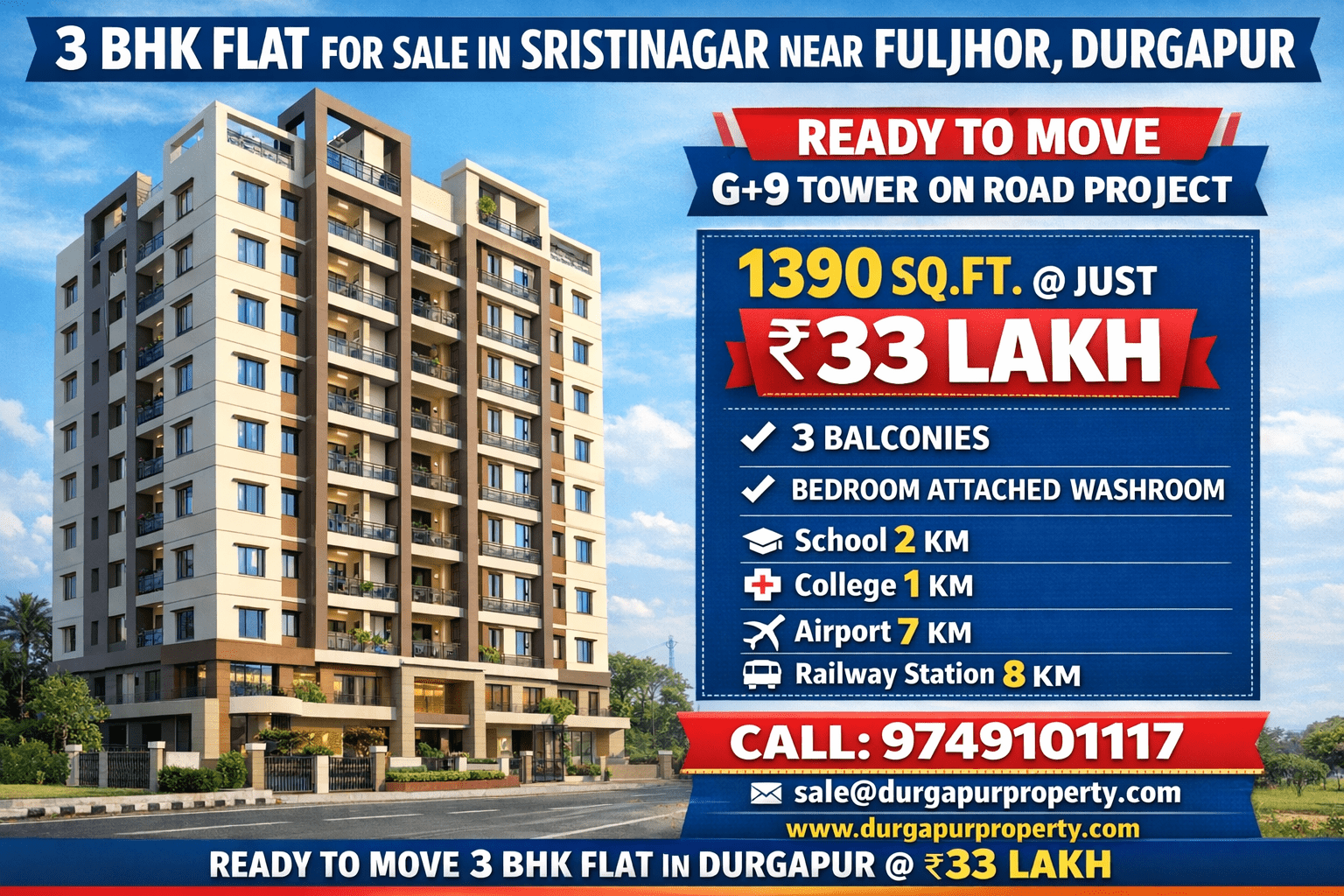 3 BHK Flat for Sale in Sristinagar Near Fuljhor, Durgapur | Ready to Move | On-Road G+9 Project @ ₹33 Lakh