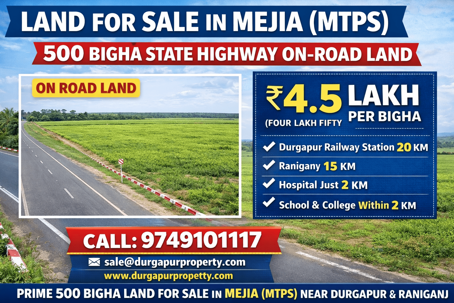 Land for Sale in Mejia MTPS | 500 Bigha On-Road State Highway Land Near Durgapur @ ₹4.5 Lakh per Bigha