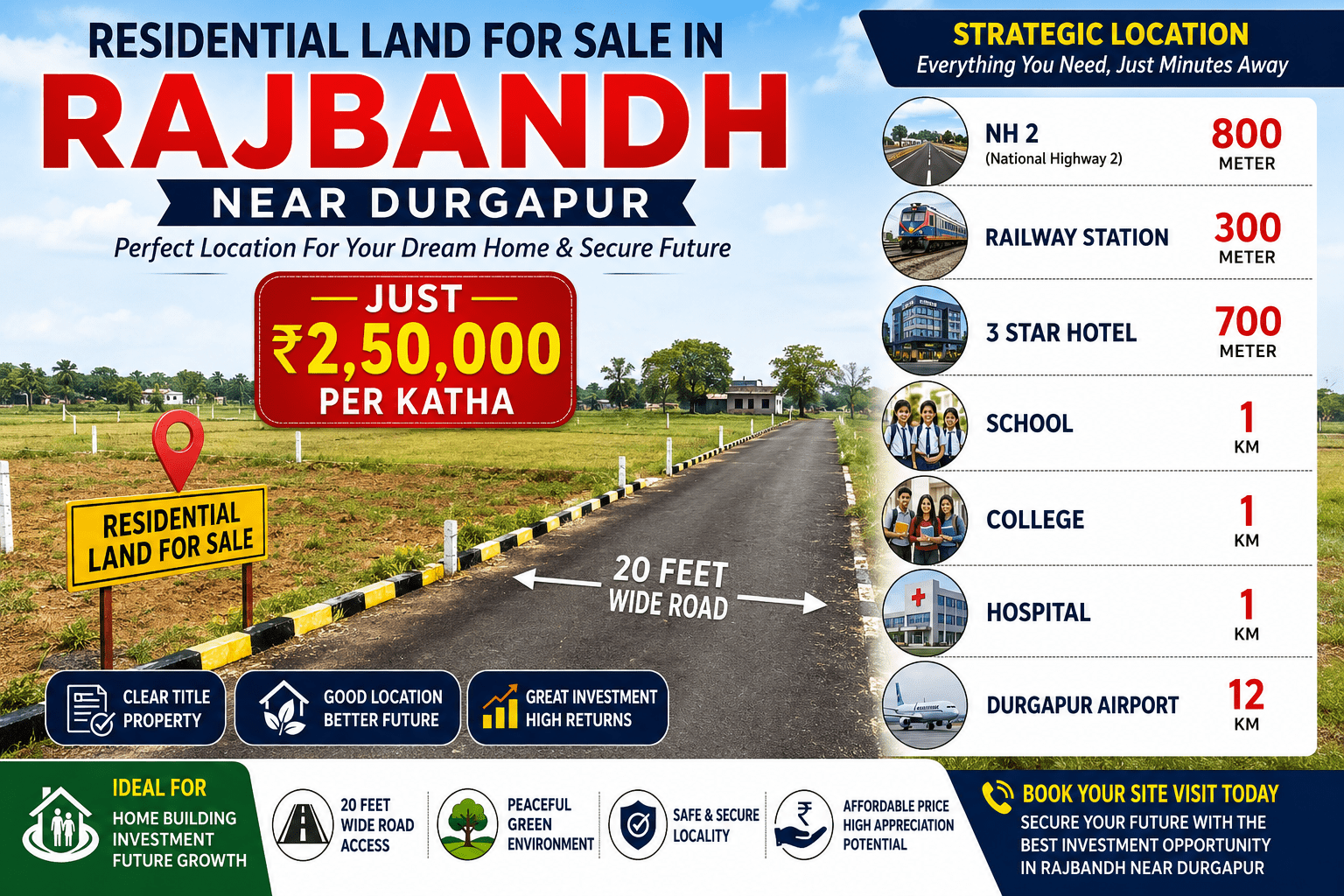 Residential Land for Sale in Rajbandh Durgapur | Prime Plot Near NH2 at ₹2.5 Lakh Per Katha