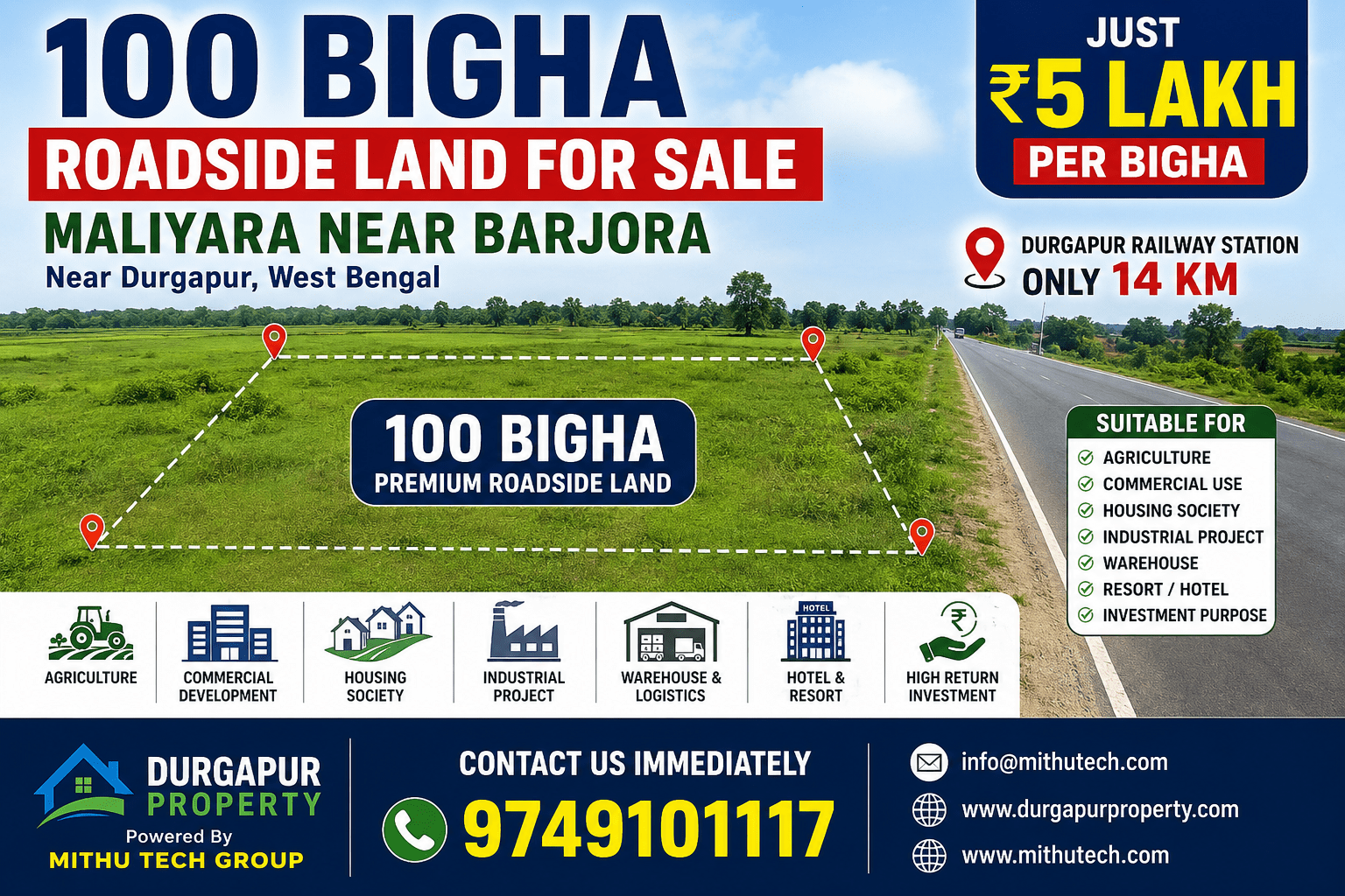 100 Bigha Roadside Land for Sale in Maliyara Near Barjora | Commercial, Agriculture & Housing Project Land | Durgapur Property