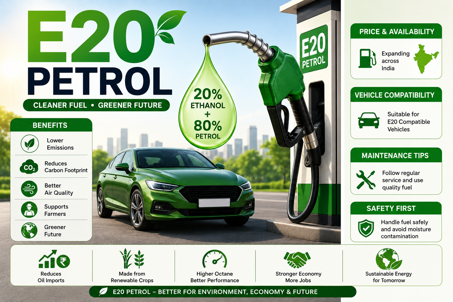 E20 Petrol Price, Availability, Vehicle Compatibility, Safety, Storage, Maintenance & Future Scope (2026)