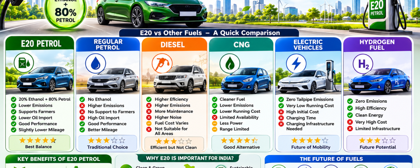 E20 Petrol vs Petrol, Diesel, CNG, Electric Vehicles & Future Fuels – Complete Comparison (2026)