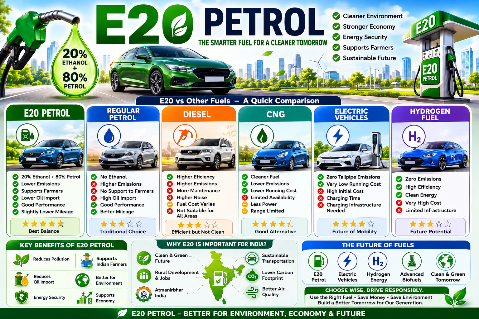 E20 Petrol vs Petrol, Diesel, CNG, Electric Vehicles & Future Fuels – Complete Comparison (2026)